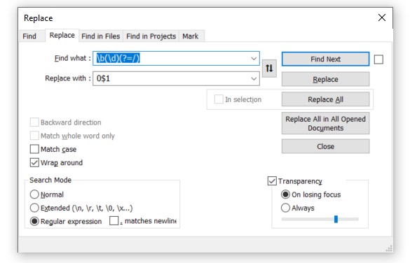 Notepad++ replace 2